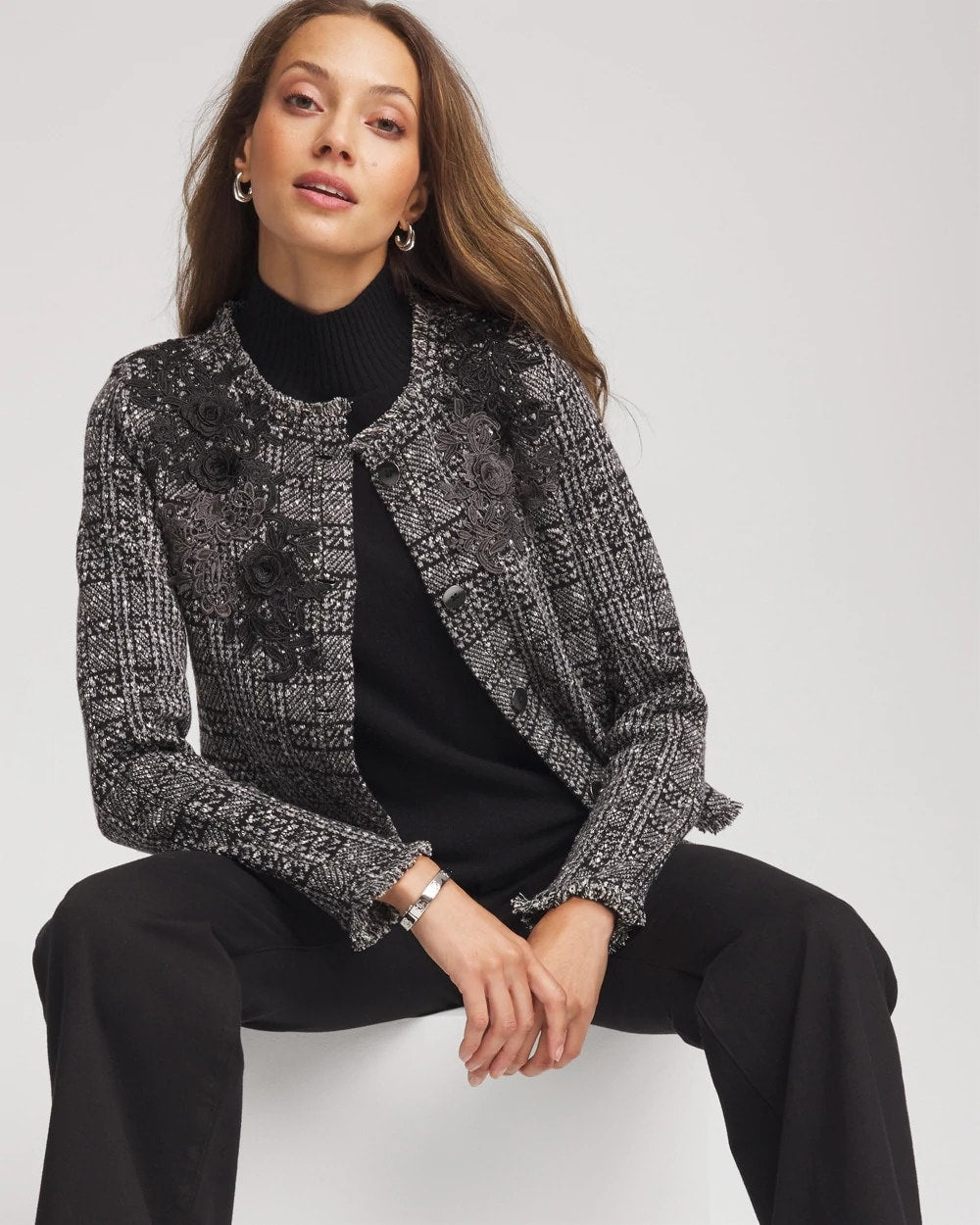 Chico's Embroidered Metallic Tweed Cardigan GRAY