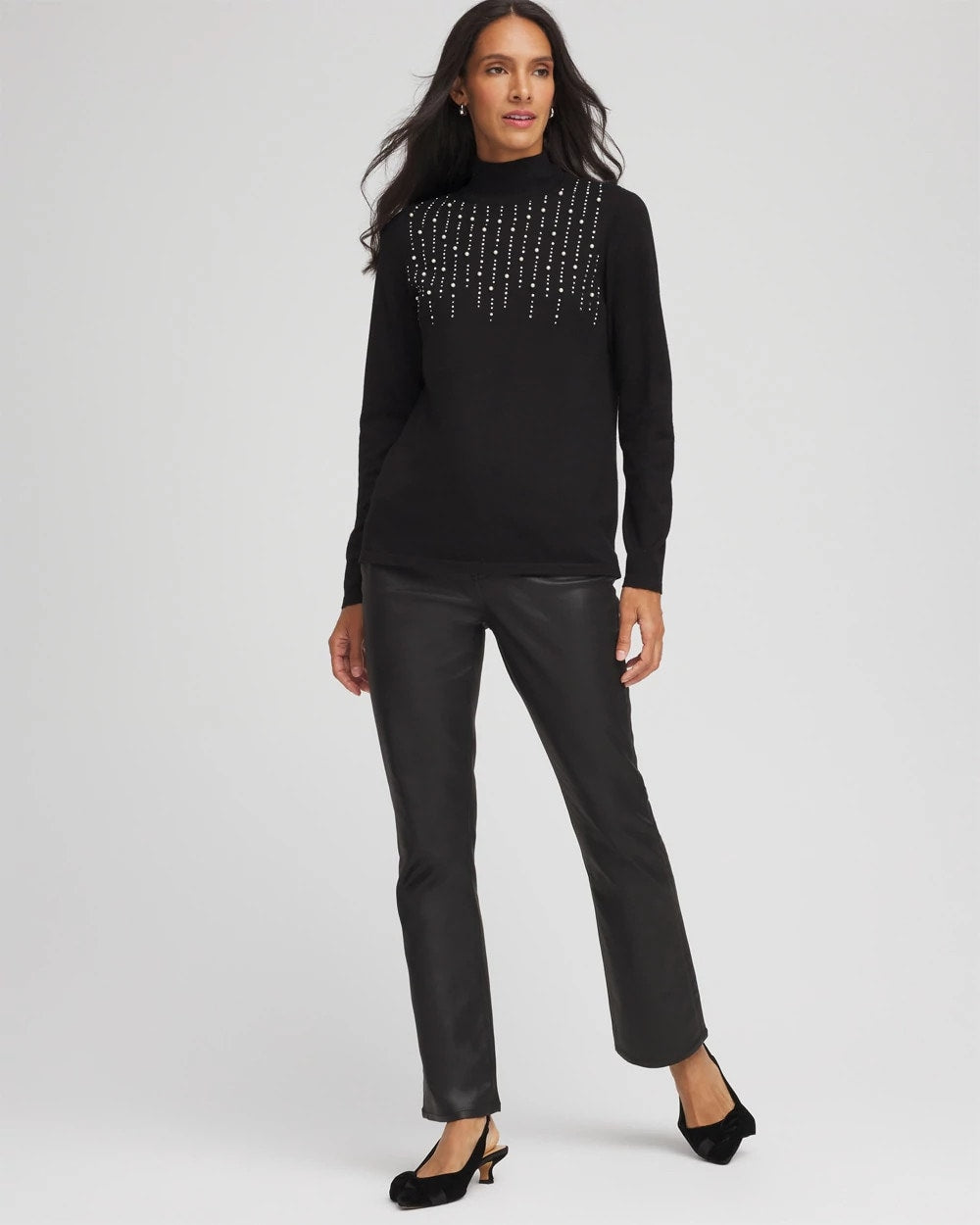 Chico's Ella Embellished Mockneck Sweater BLACK