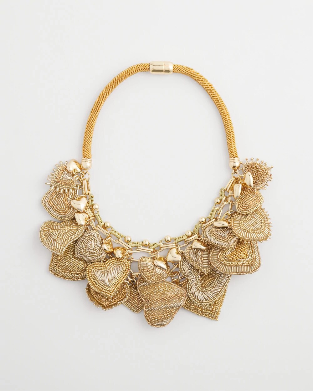 Chico's Gold Beaded Heart Charm Bib Necklace GOLD