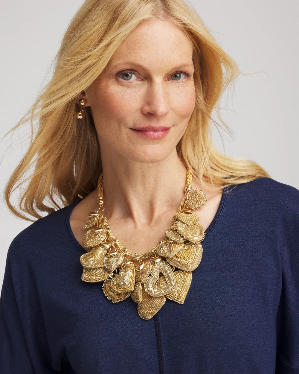 Chico's Gold Beaded Heart Charm Bib Necklace GOLD