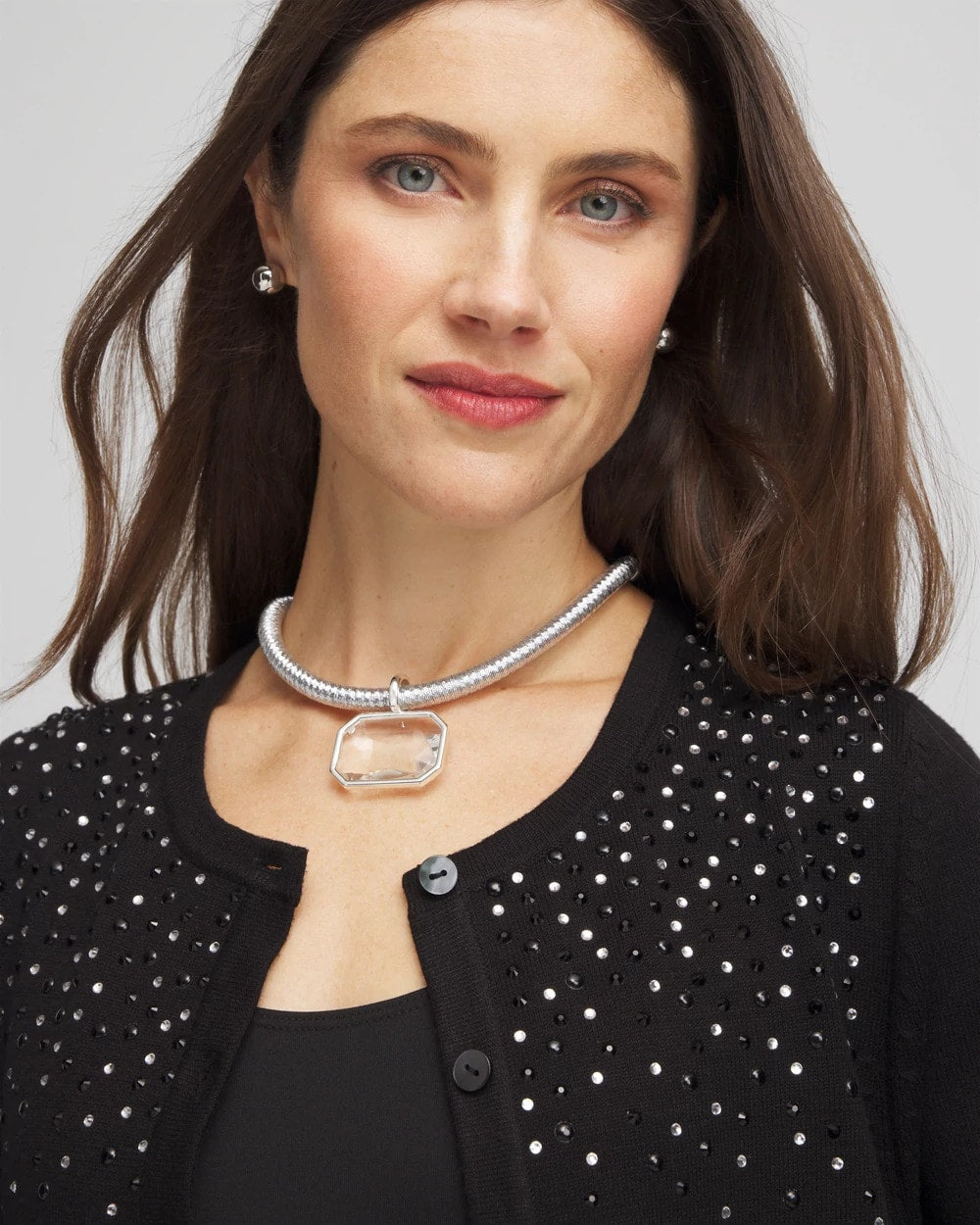 Chico's Silvertone Gem Pendant Cord Necklace SILVER