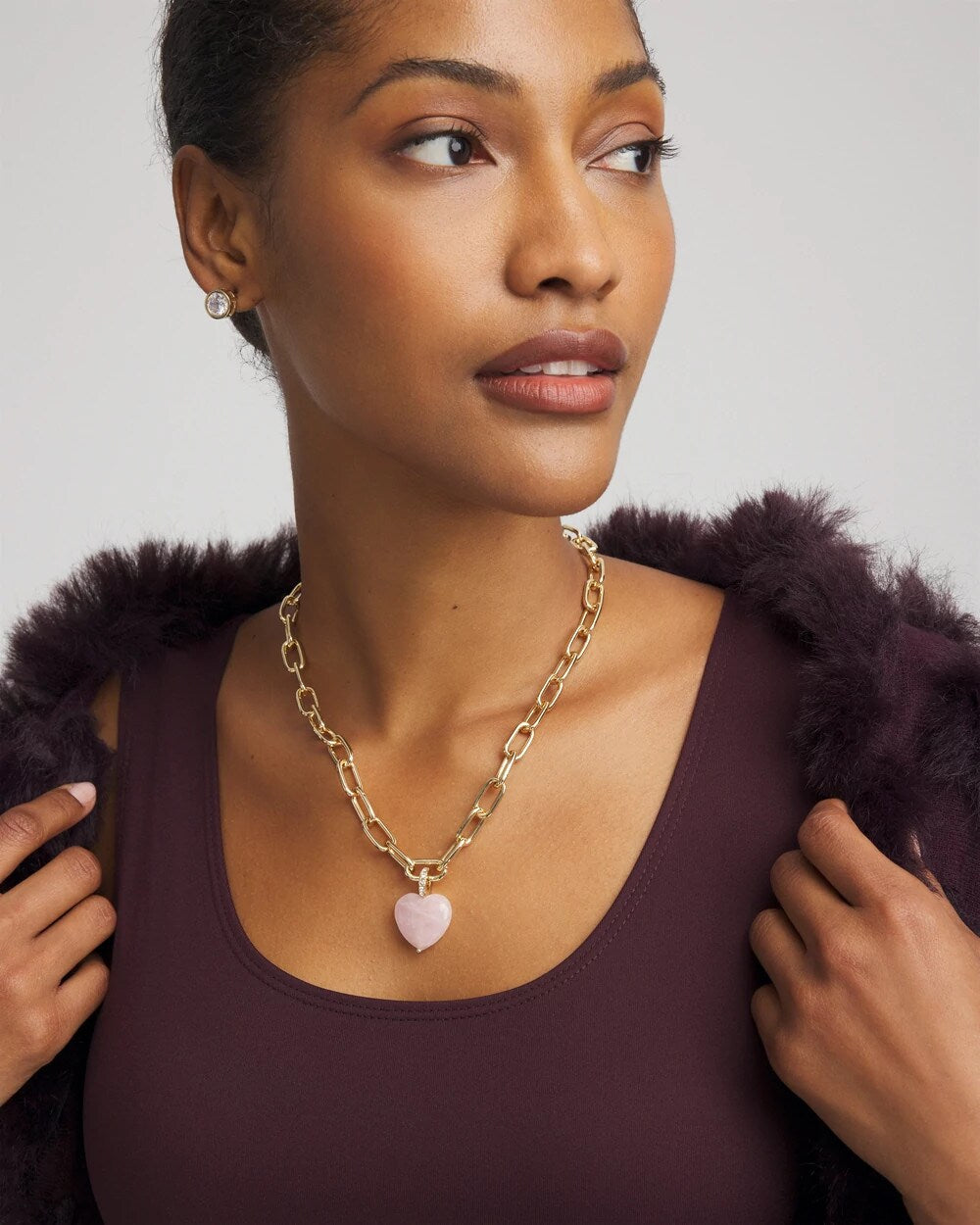 Chico's Genuine Quartz Heart Pendant Necklace PINK