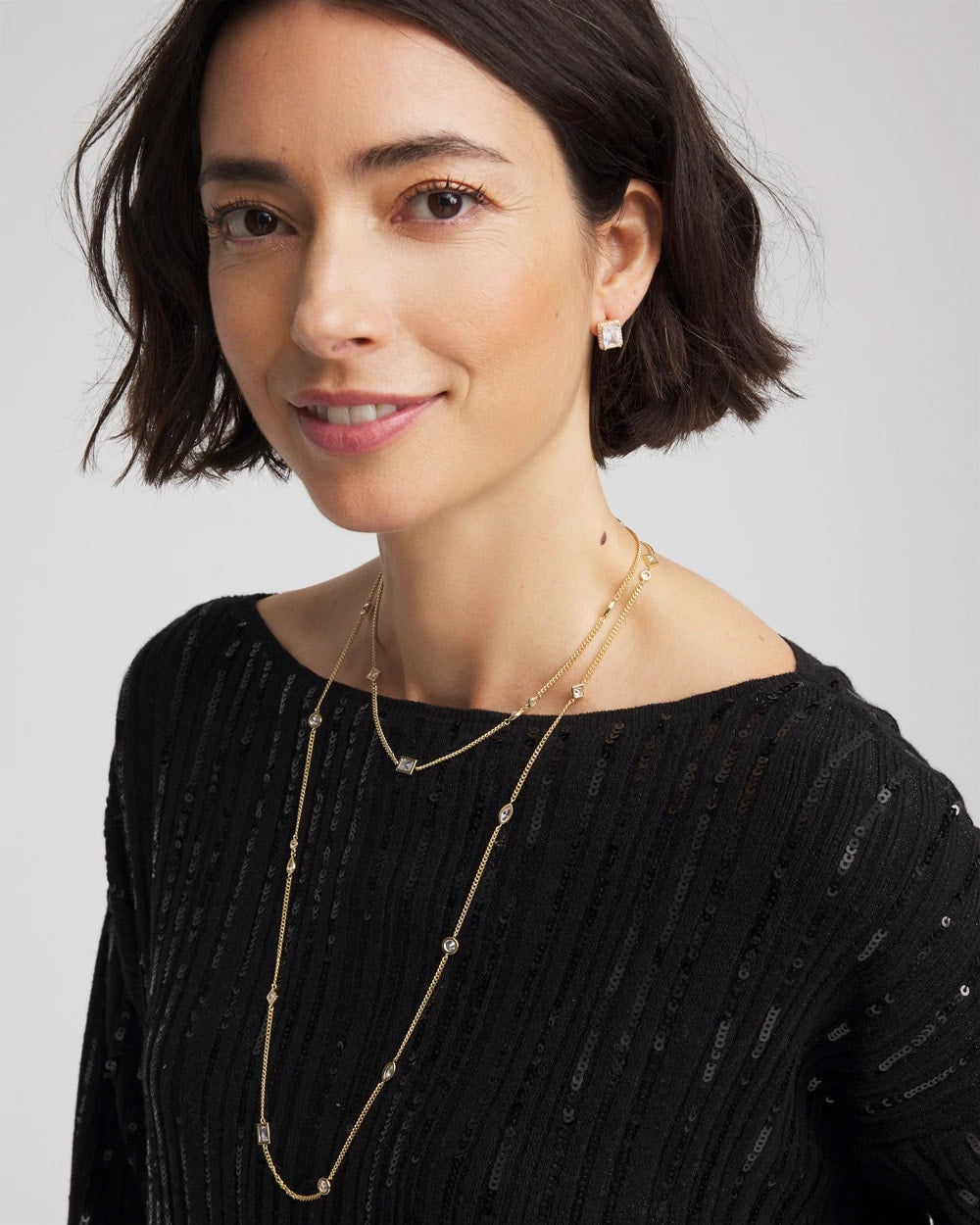 Chico's Fine Crystal Long Chain Necklace GOLD