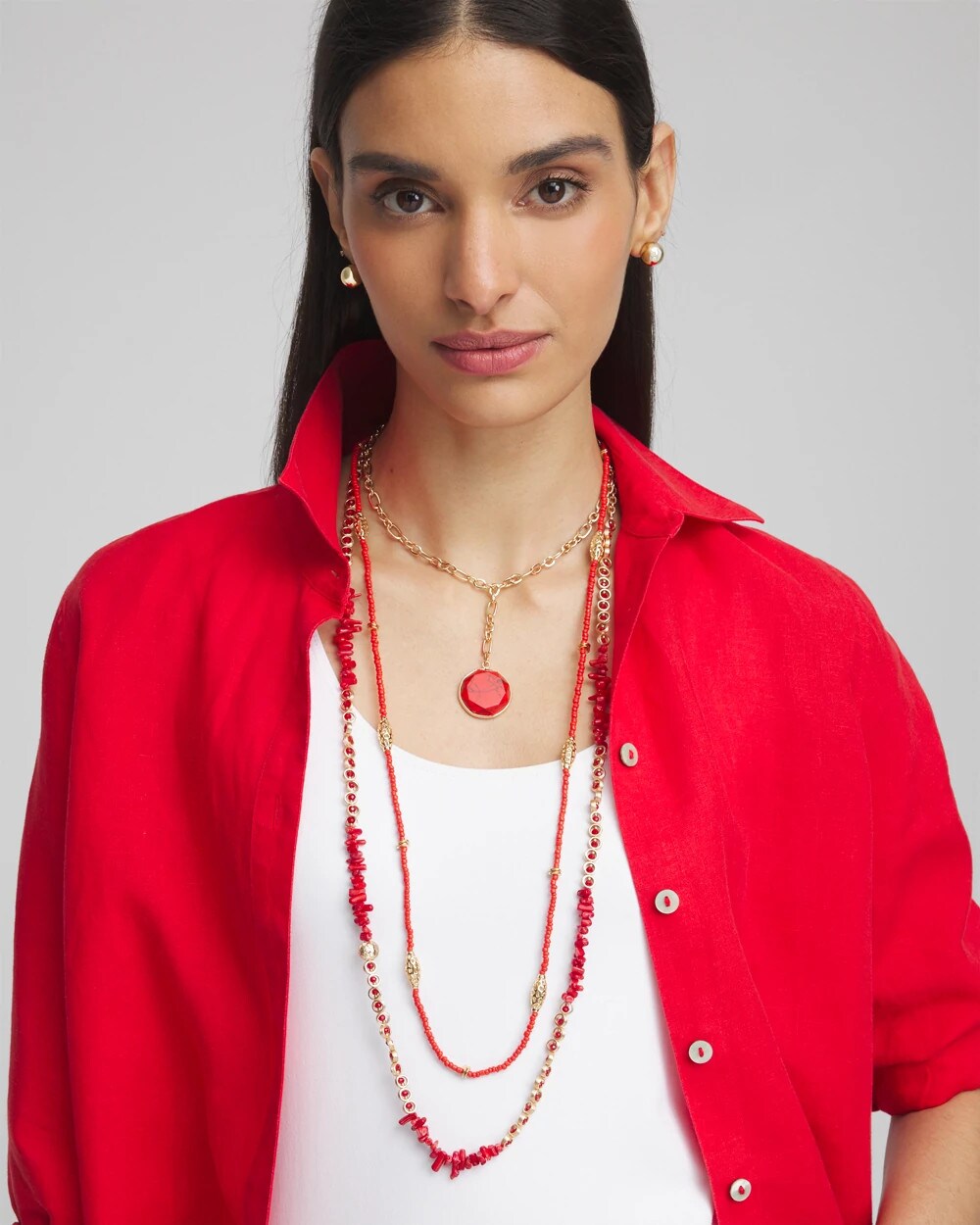 Chico's Convertible Beaded Pendant Necklace RED