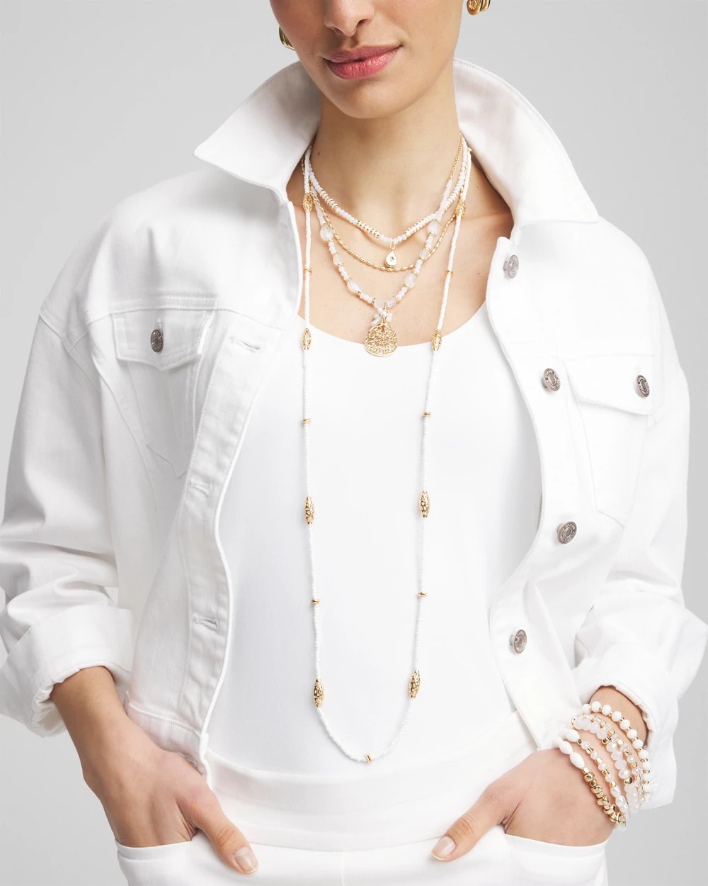 Chico's Convertible Beaded Pendant Necklace WHITE
