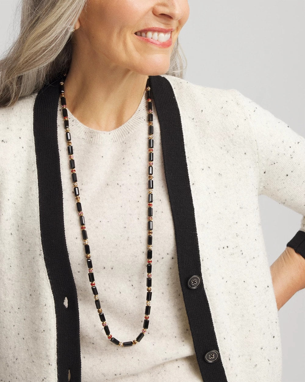 Chico's Art Deco Bar Bead Long Necklace BLACK/GOLD