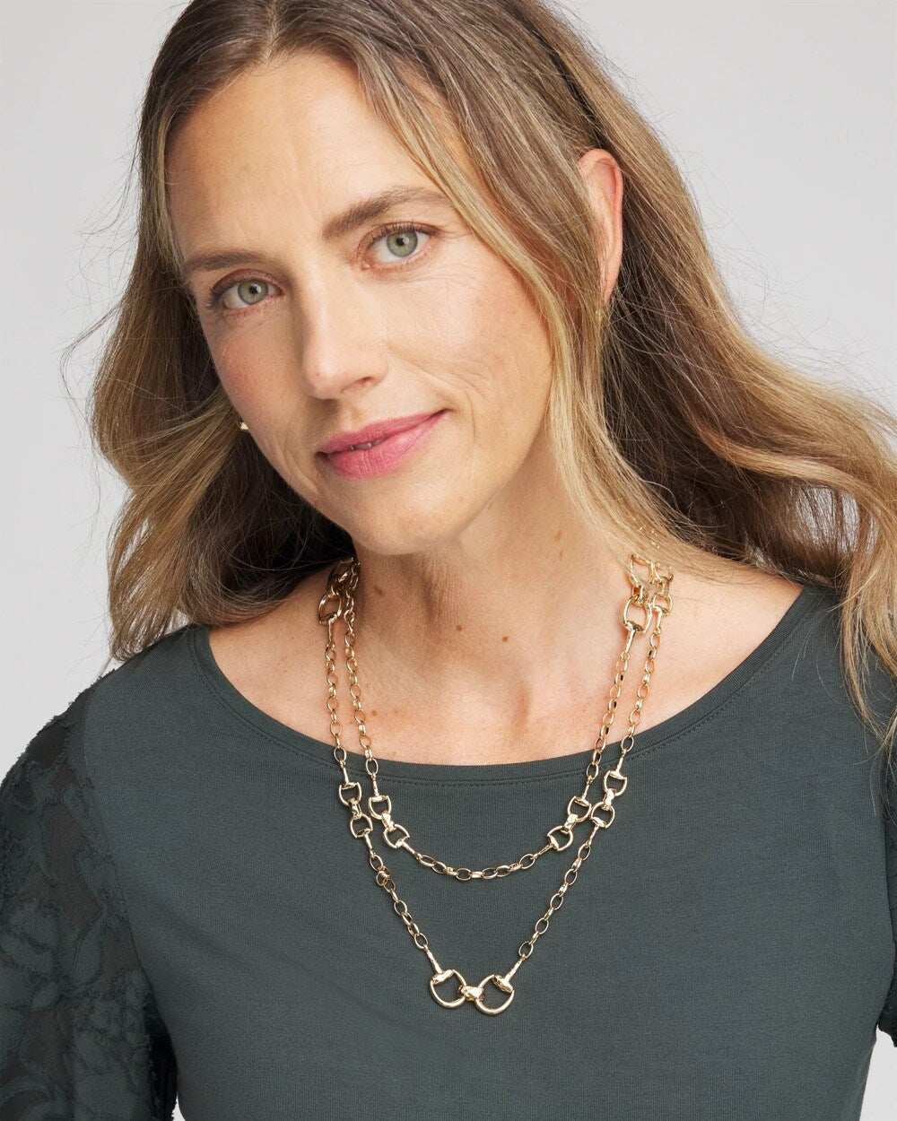 Chico's Equestrian Horsebit Long Link Necklace GOLD