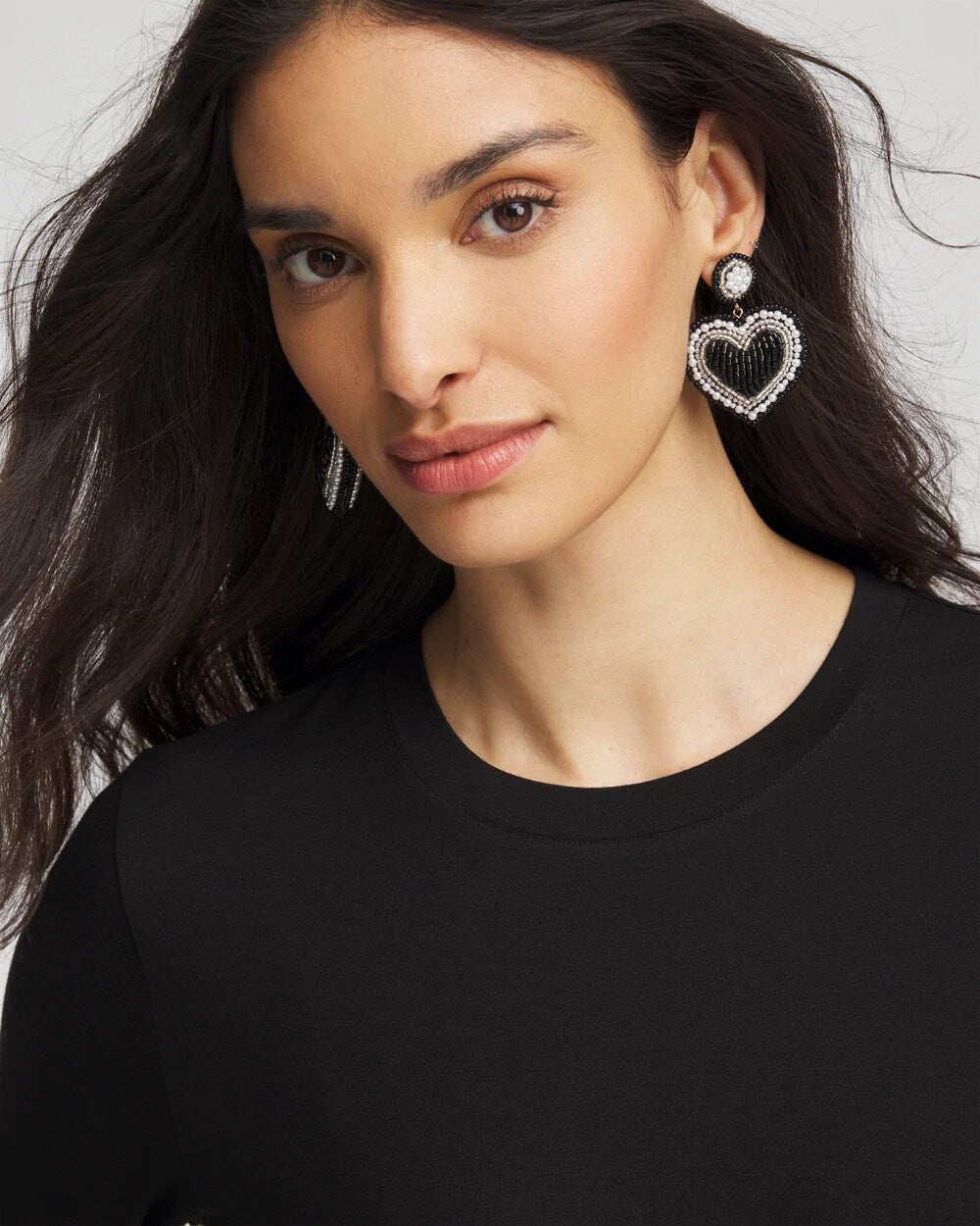 Chico's Black Beaded Heart Drop Earrings BLACK