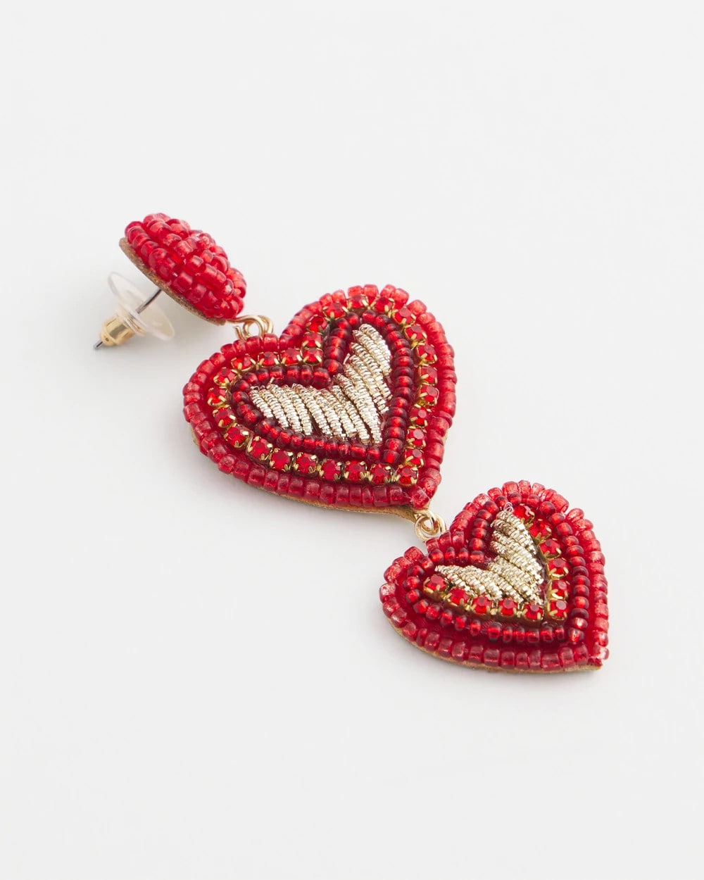 Chico's Red Beaded Heart Drop Earrings RED