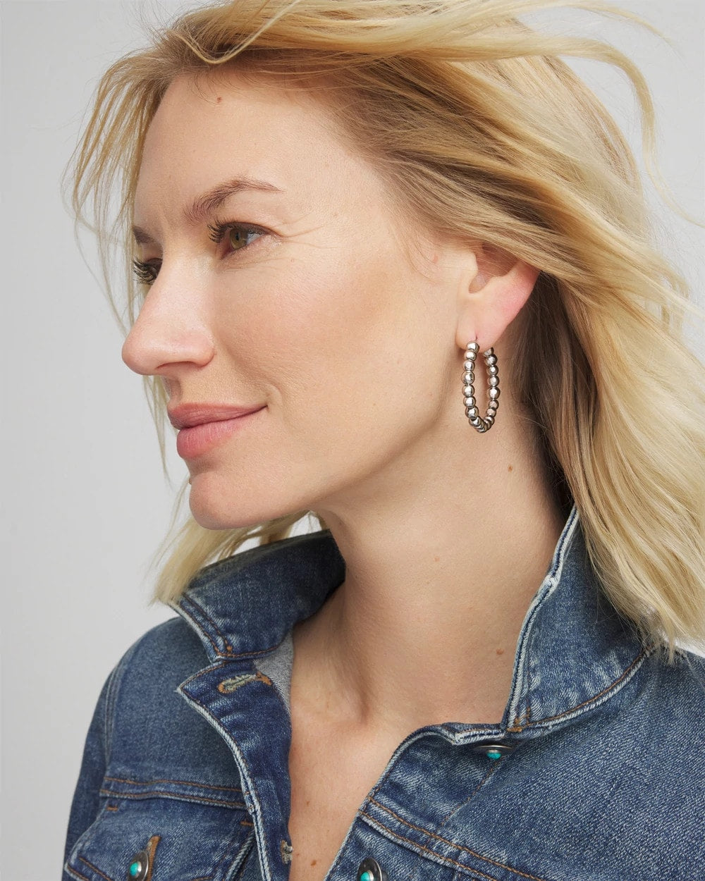 Chico's Silvertone Beaded Hoop Earrings SILVER