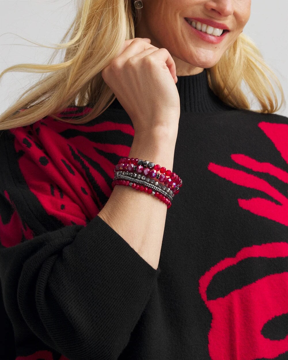 Chico's Red Stretch Set of Five Beaded Bracelets RED
