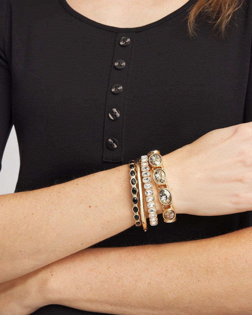 Chico's Large Faceted Gem Stretch Bracelet BLACK