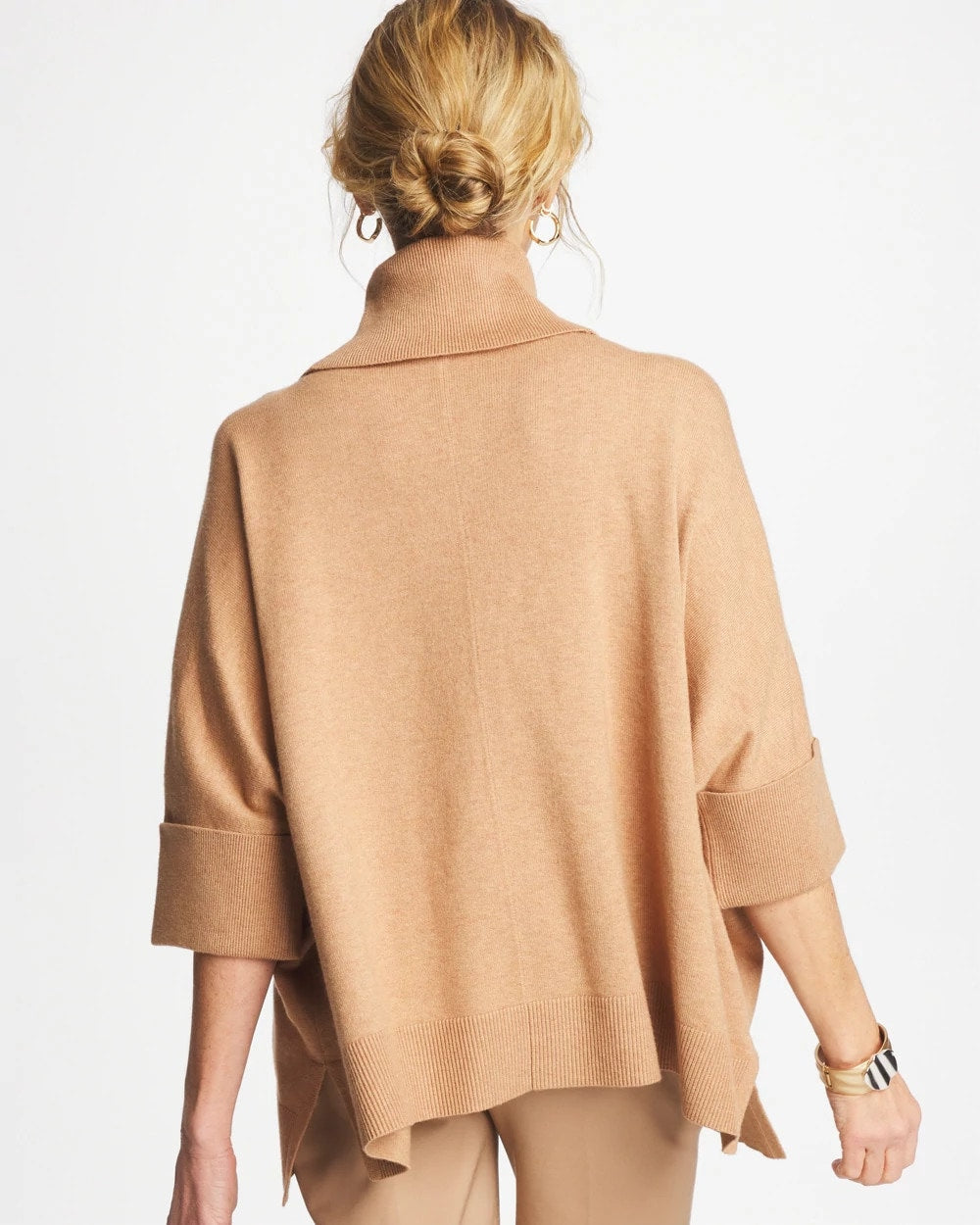 Chico's Cowlneck Knit Fringe Poncho FAUX CREME COFFEE HEATHER