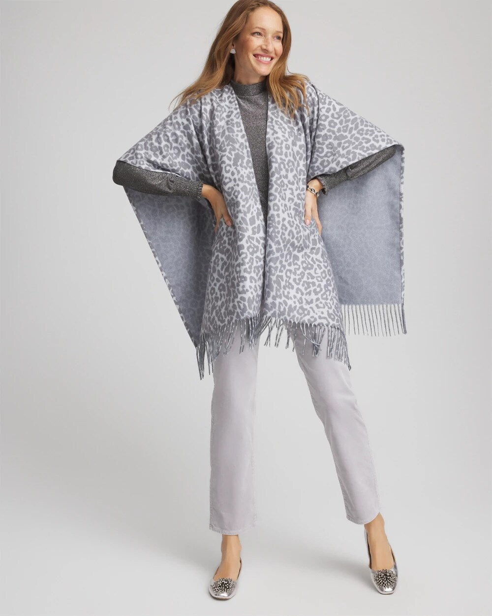Chico's Reversible Animal Print Fringe Ruana STORM CLOUD