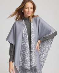 Chico's Reversible Animal Print Fringe Ruana STORM CLOUD