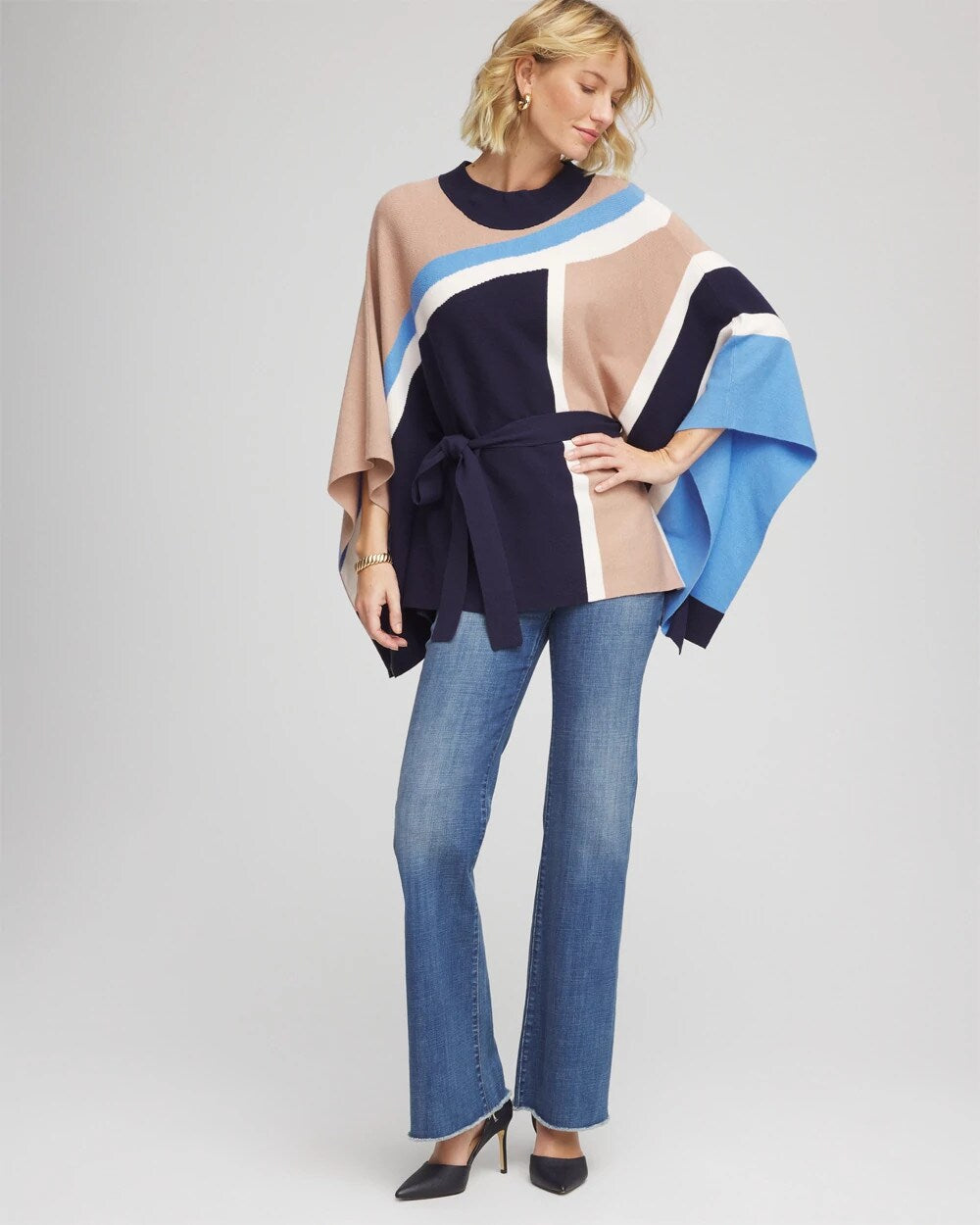 Chico's Belted Colorblock Poncho PASSPORT BLUE