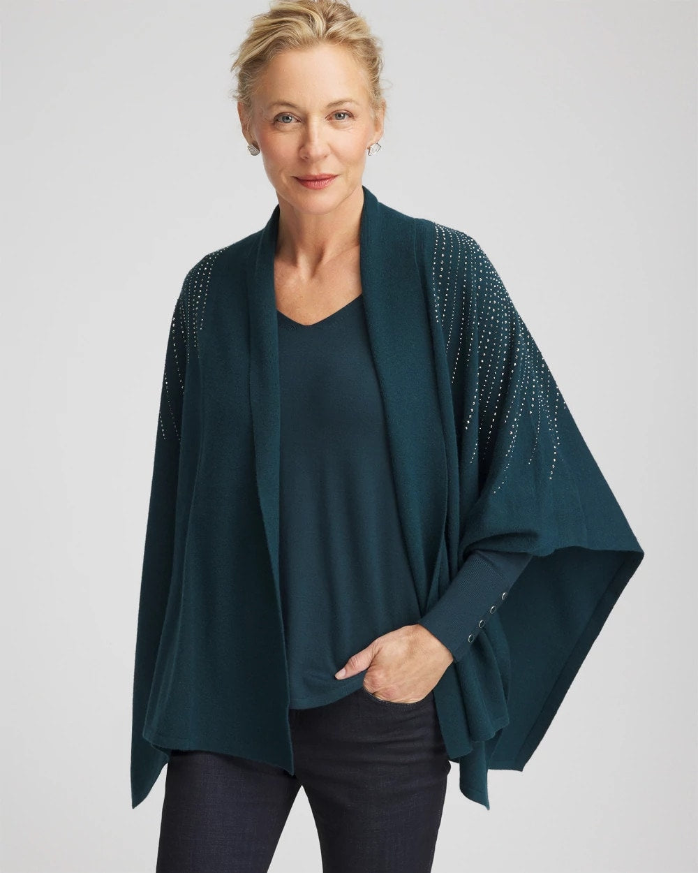 Chico's Embellished Shawl Collar Ruana TEAL SHADOW