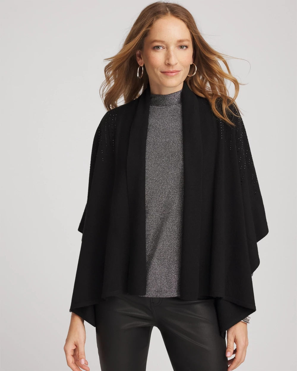 Chico's Embellished Shawl Collar Ruana BLACK