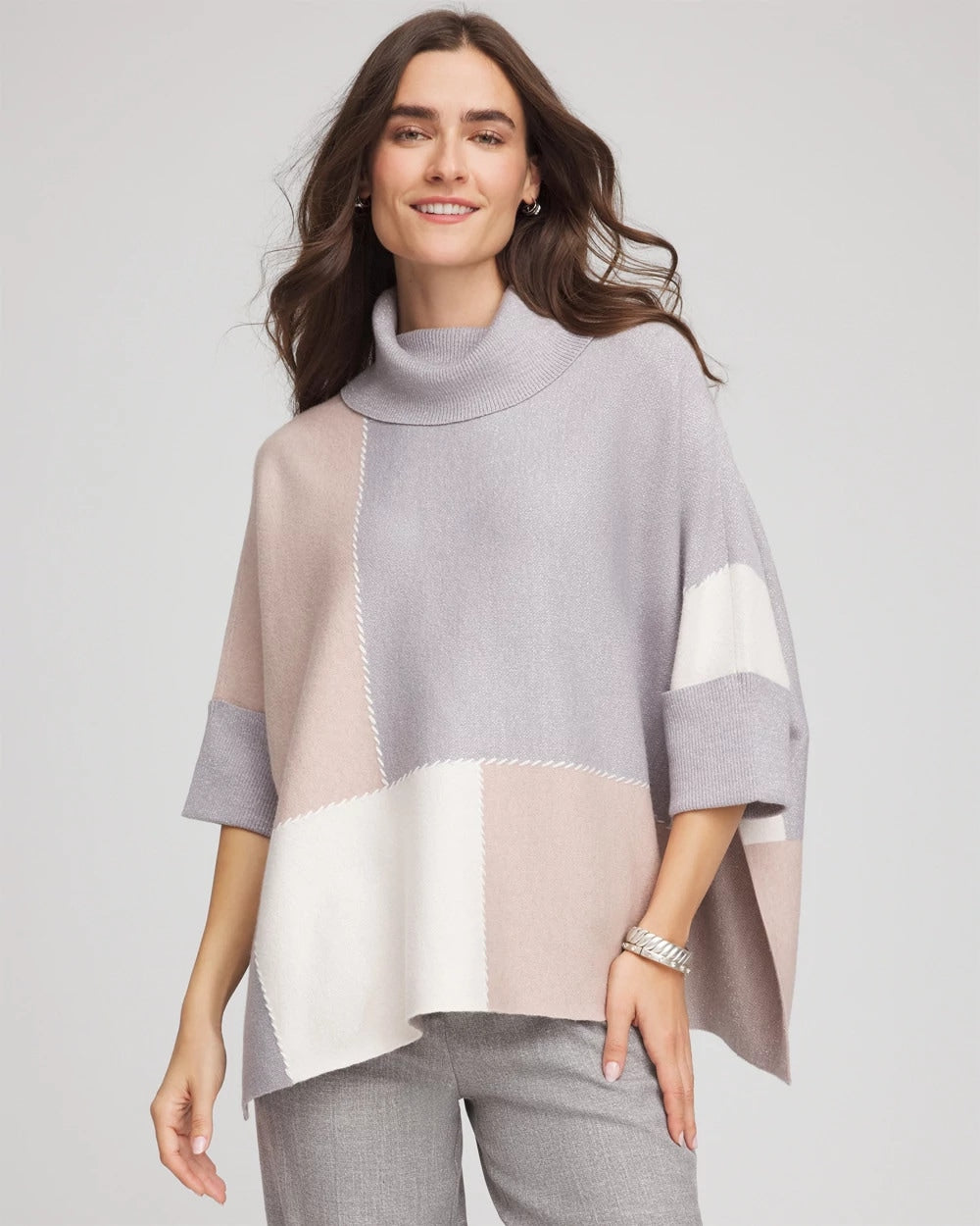 Chico's Quilted Chic Cowlneck Poncho BIRCH