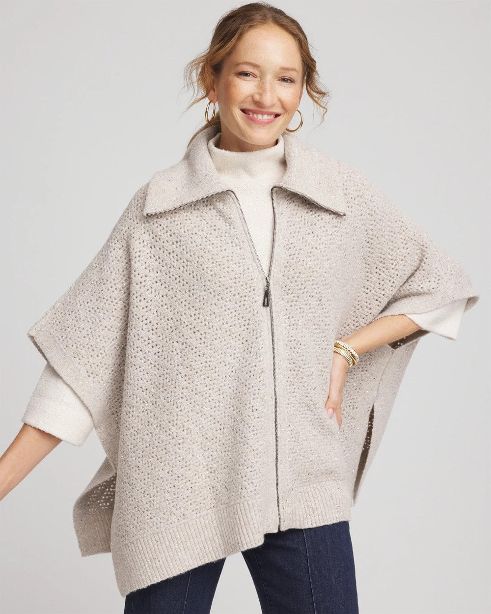 Chico's Zip-Front Collared Ruana NEUTRAL