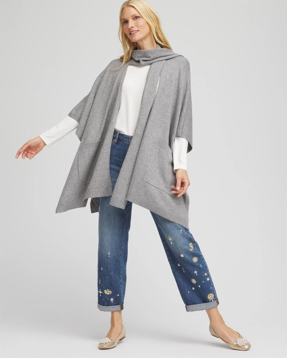 Chico's Long Knit Ruana MOON SHADE GRAY HEATHER