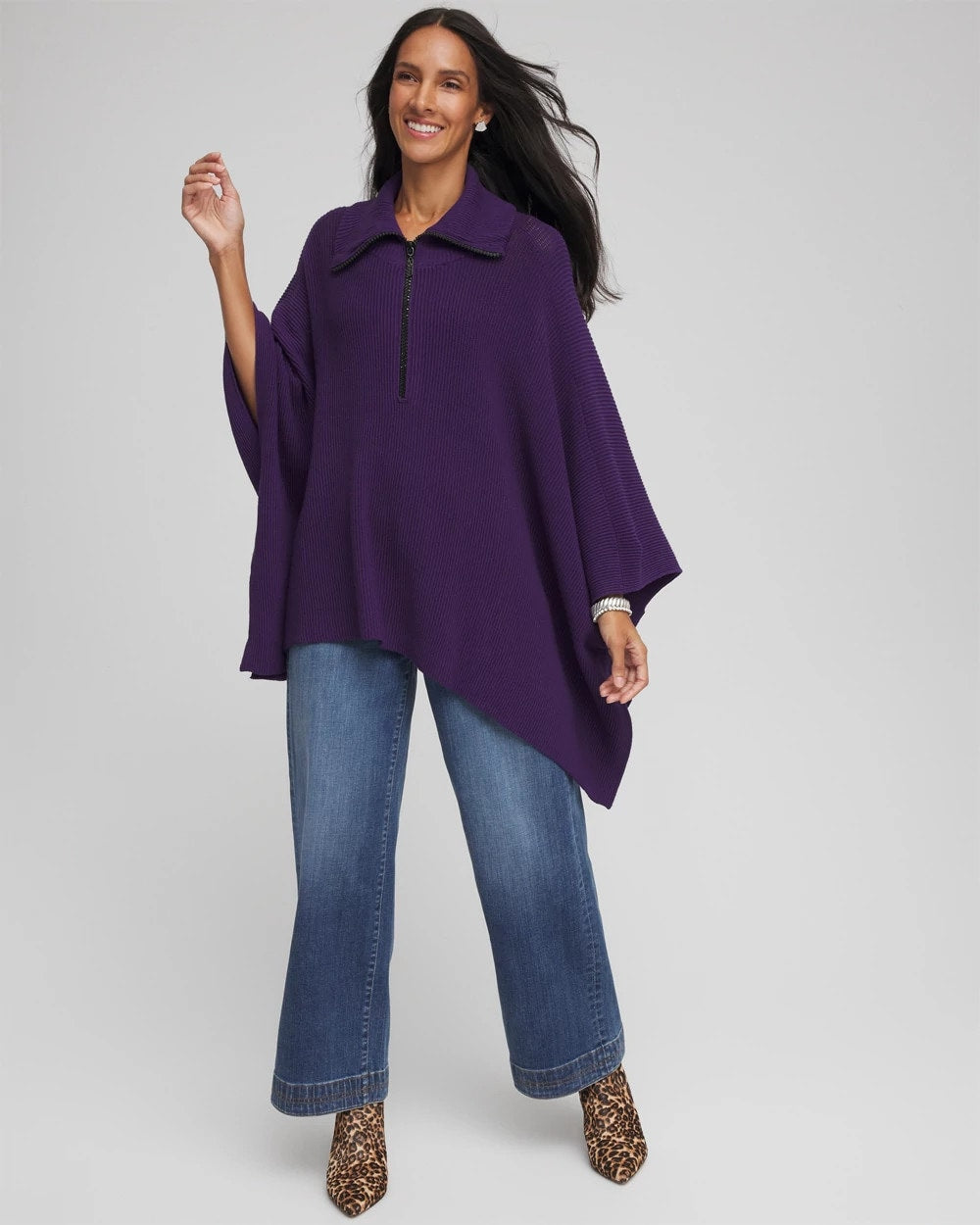 Chico's Rhinestone Zip-Collar Sweater Poncho PURPLE ELIXIR