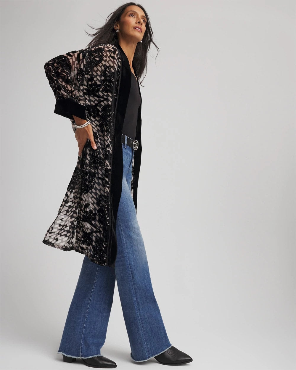 Chico's Art Deco Burnout Kimono BLACK