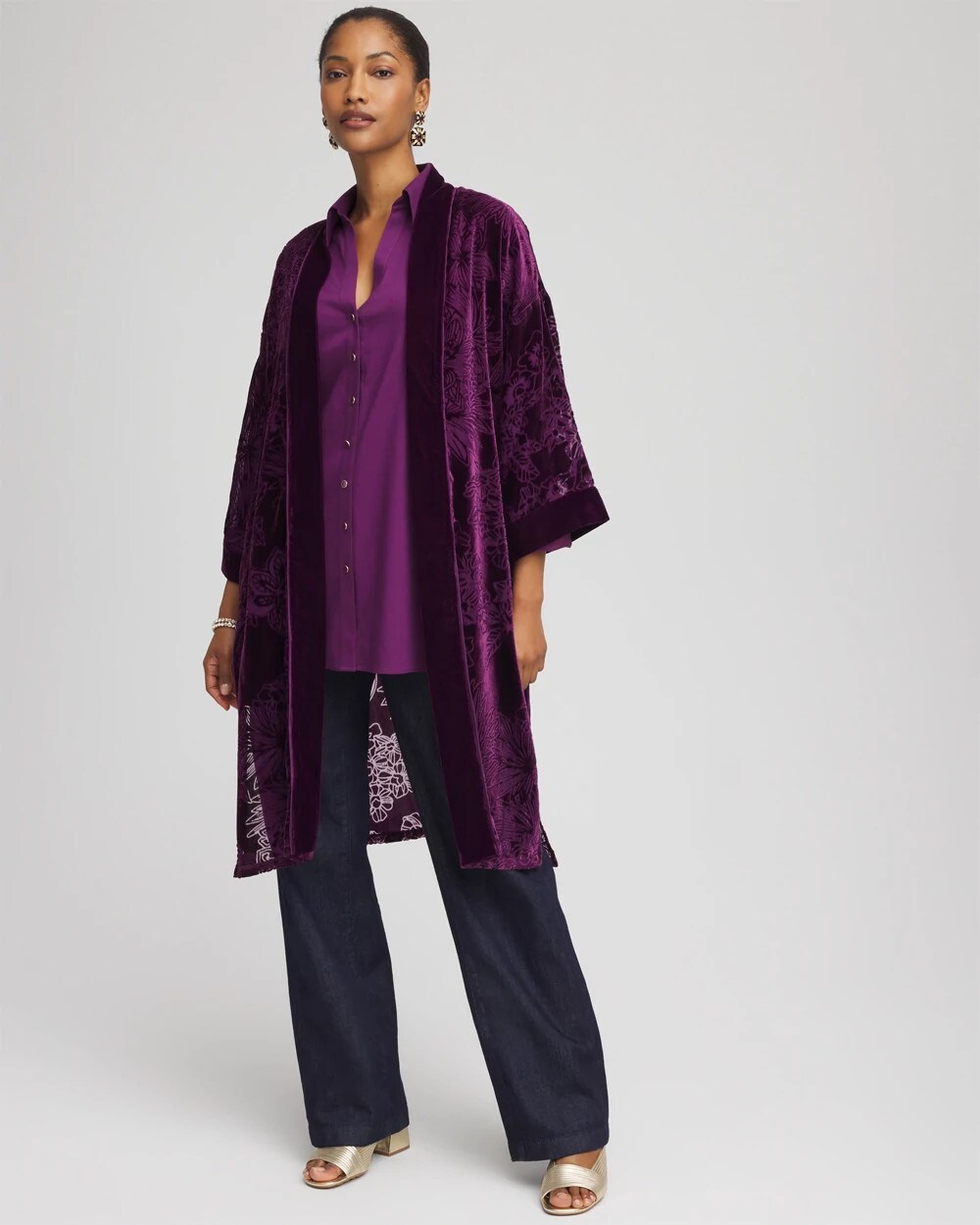 Chico's Floral Burnout Kimono PURPLE ROYALE