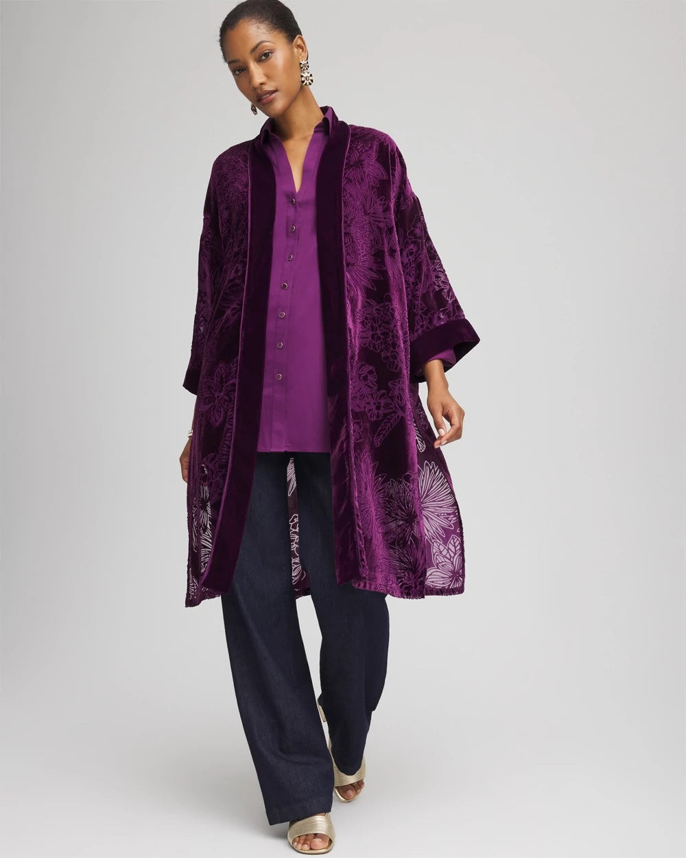 Chico's Floral Burnout Kimono PURPLE ROYALE