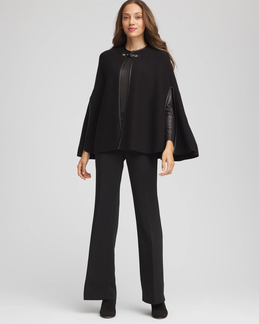 Chico's Faux Leather Trim Cape BLACK