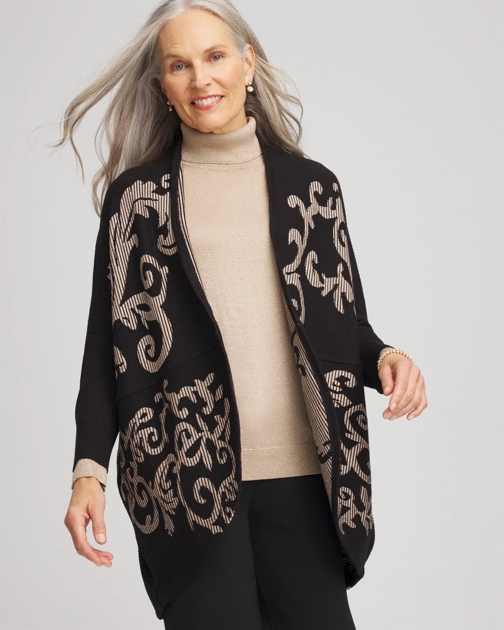 Chico's Ottoman Jacquard Cocoon Cardigan BLACK