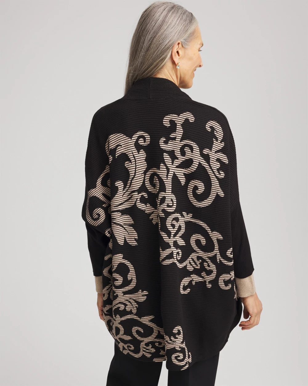 Chico's Ottoman Jacquard Cocoon Cardigan BLACK