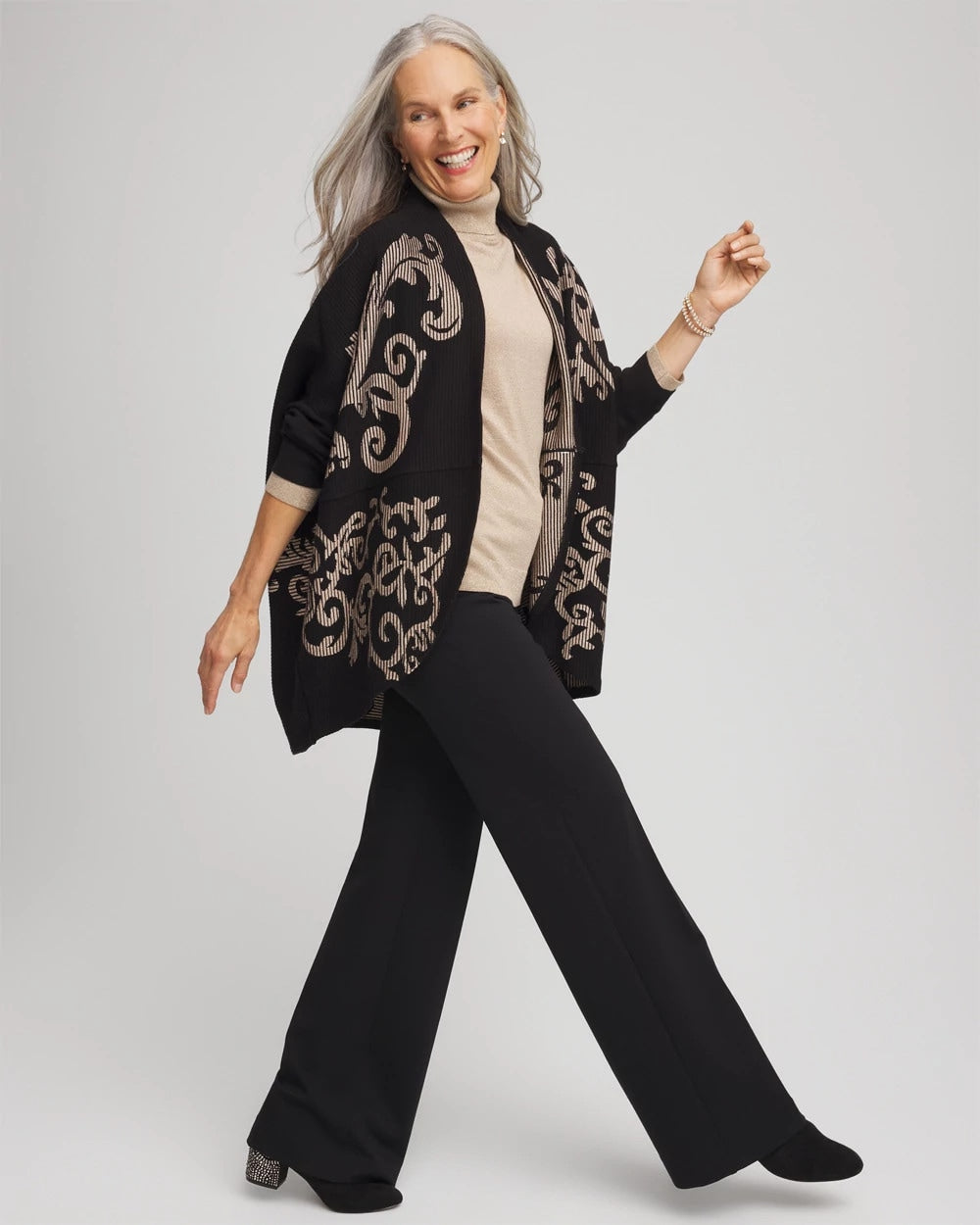 Chico's Ottoman Jacquard Cocoon Cardigan BLACK
