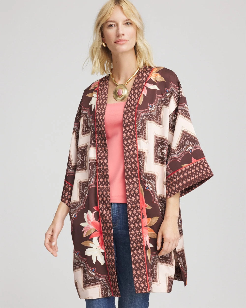 Chico's Long Mixed-Print Kimono CACAO