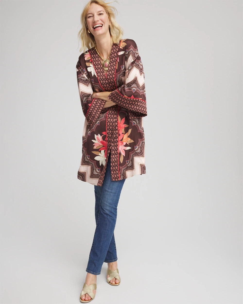 Chico's Long Mixed-Print Kimono CACAO