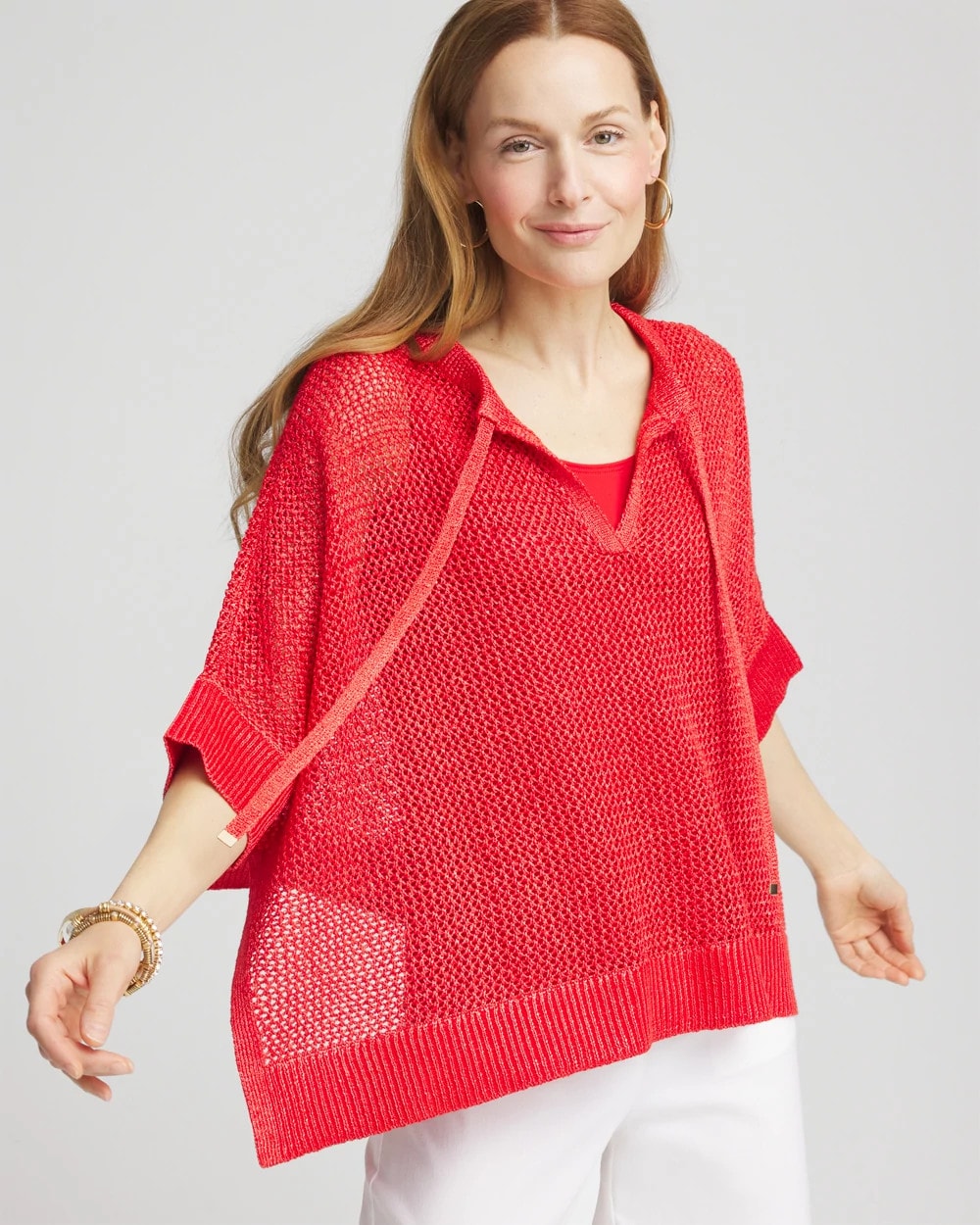 Chico's Sequin Open Knit Poncho RED GLOW