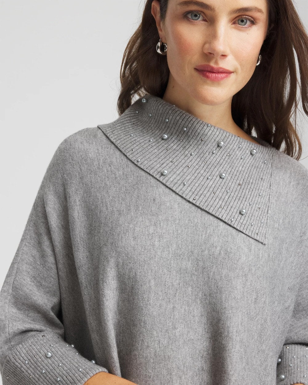 Chico's Embellished Sweater Poncho MOON SHADE GRAY HEATHER