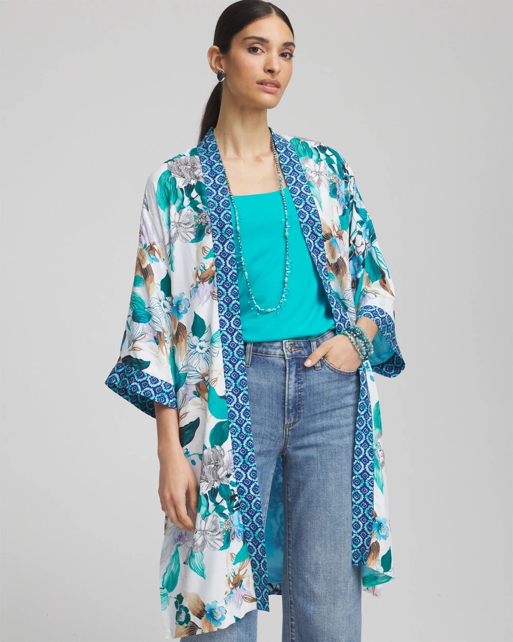Chico's Island Motif Long Kimono TEAL WATERS