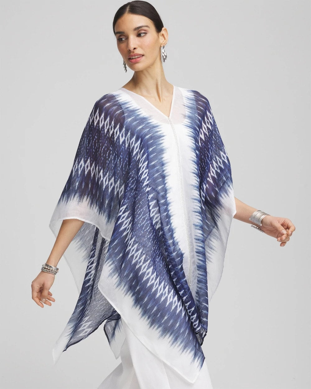 Chico's Long Embellished Linen Kaftan BLUE CASA
