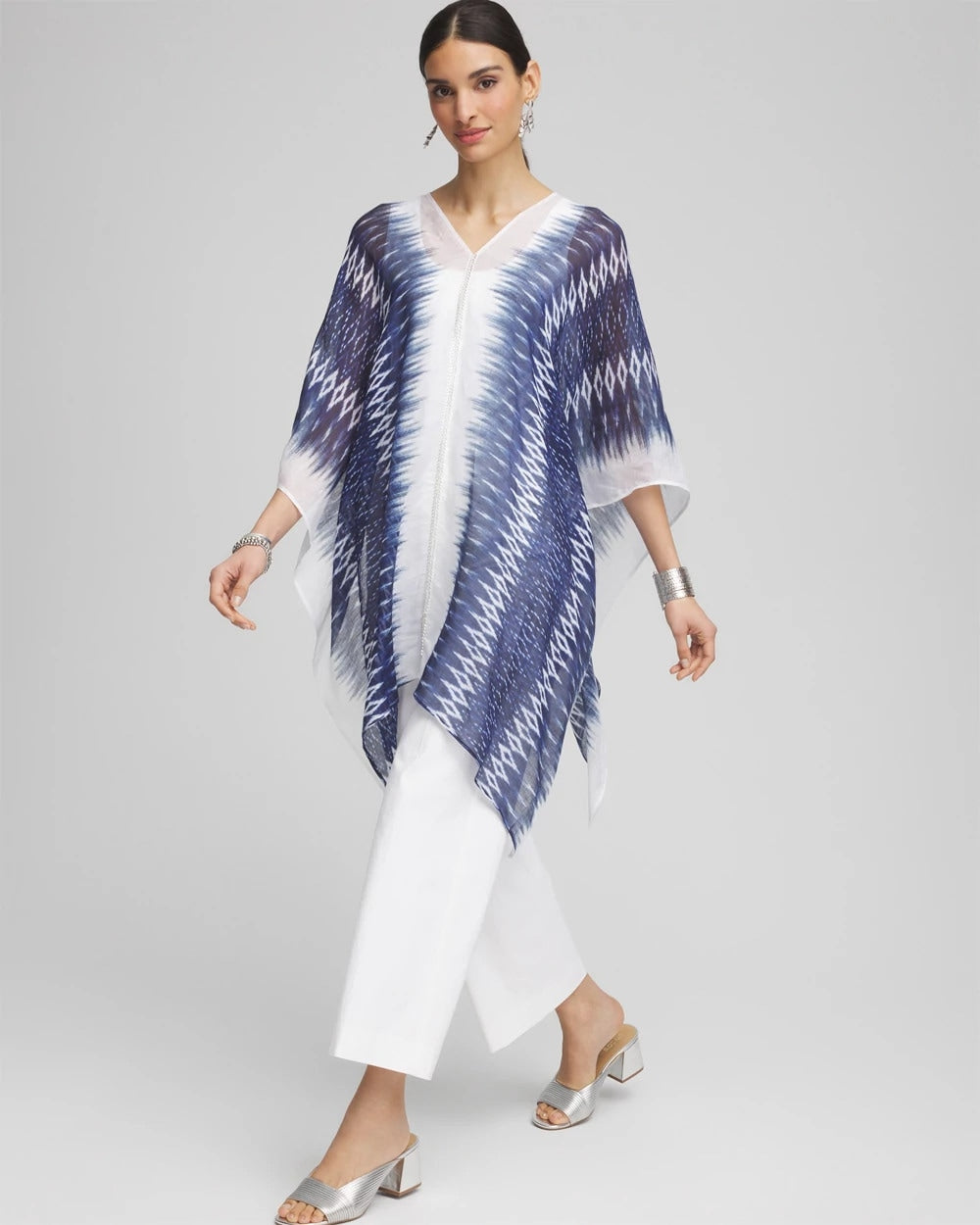 Chico's Long Embellished Linen Kaftan BLUE CASA