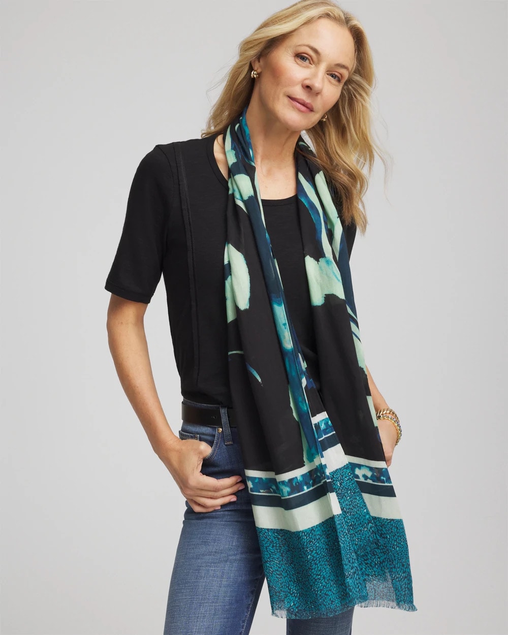 Chico's Glacier Colorblock Oblong Scarf BLACK