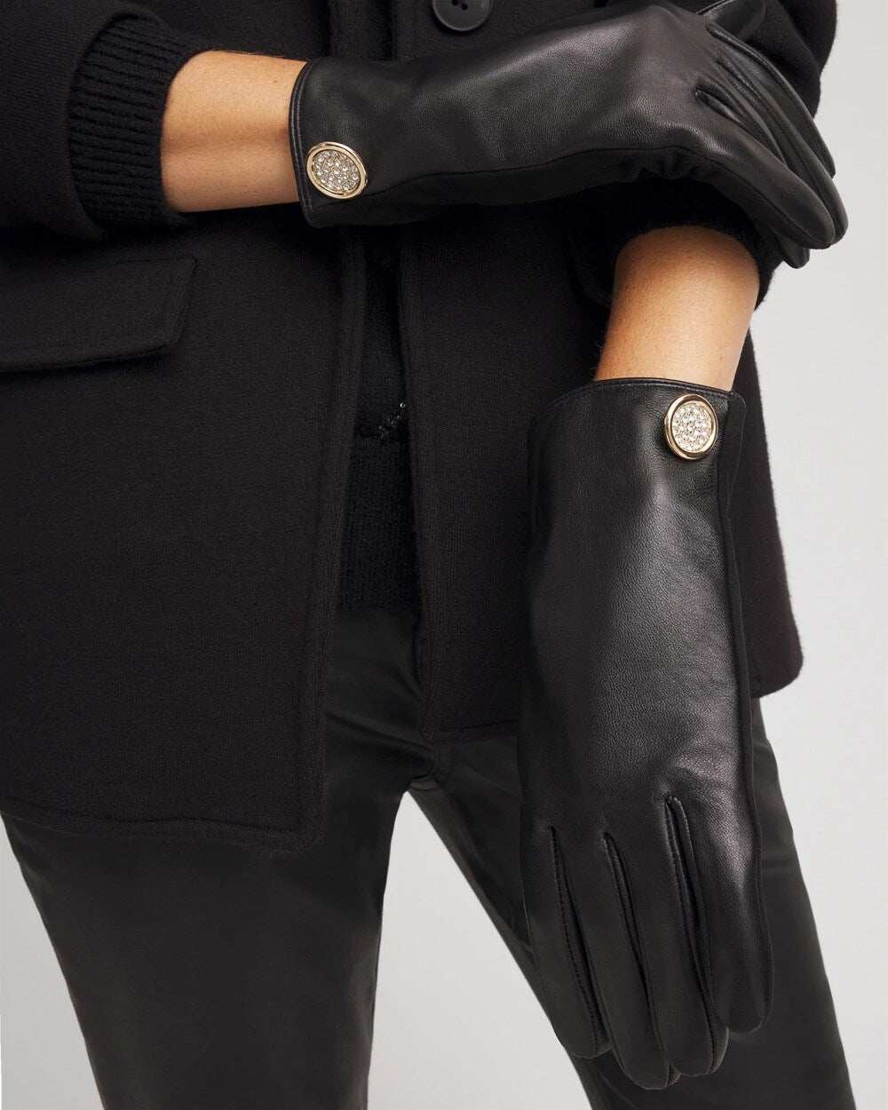 Chico's Leather Button Detail Gloves BLACK