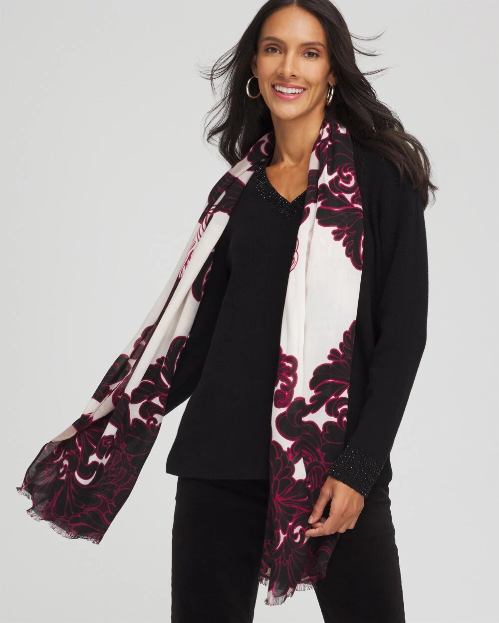Chico's Maude Medallion Oblong Scarf BLACK