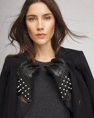 Chico's Leather Pearl Quilted Gloves BLACK
