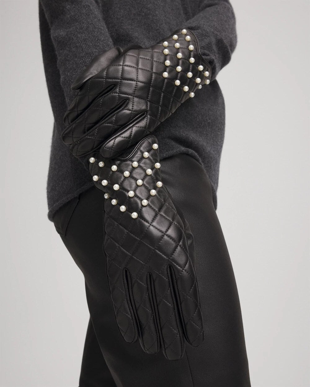 Chico's Leather Pearl Quilted Gloves BLACK