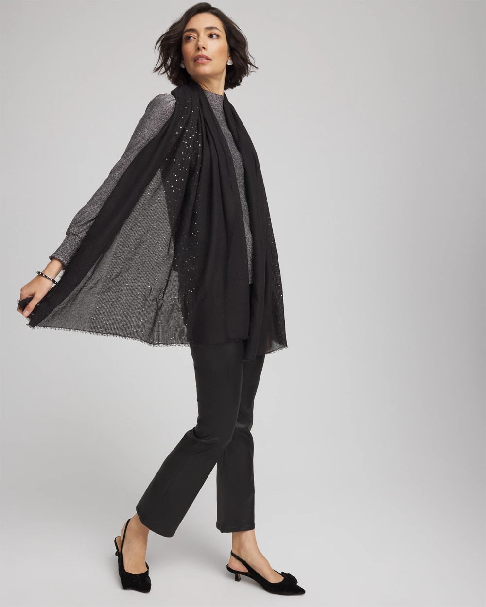 Chico's Metallic Stripe Oblong Scarf BLACK