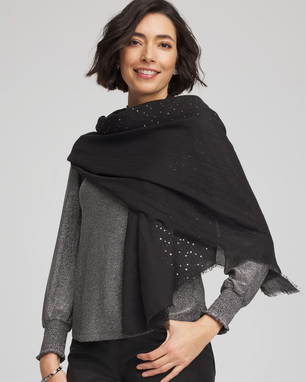Chico's Metallic Stripe Oblong Scarf BLACK