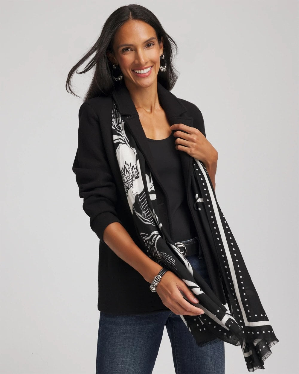 Chico's Floral Woven Oblong Scarf BLACK