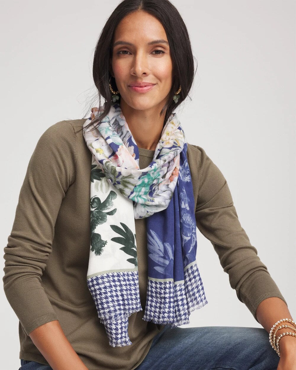 Chico's Colorblock Floral-Print Oblong Scarf ECRU