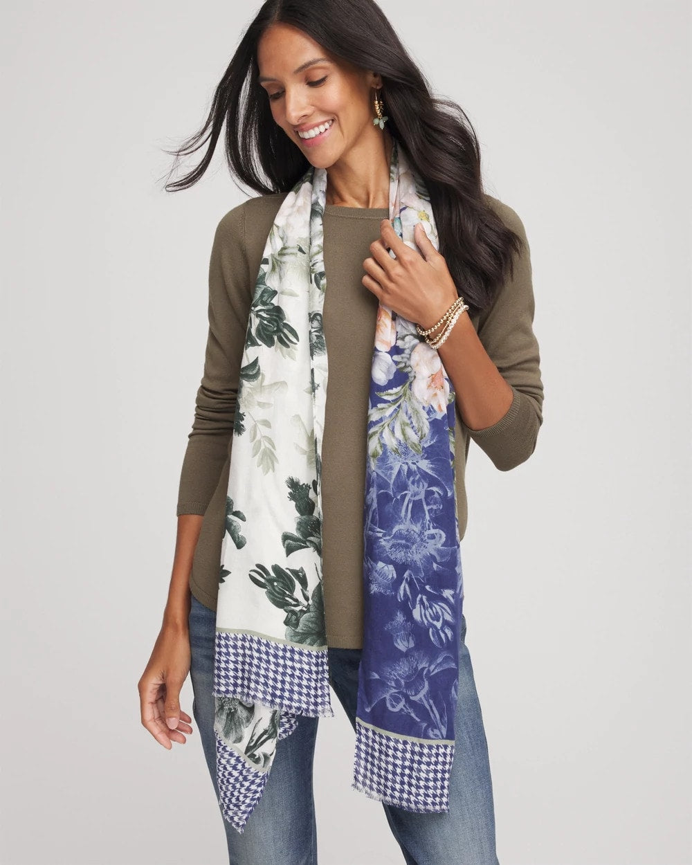 Chico's Colorblock Floral-Print Oblong Scarf ECRU